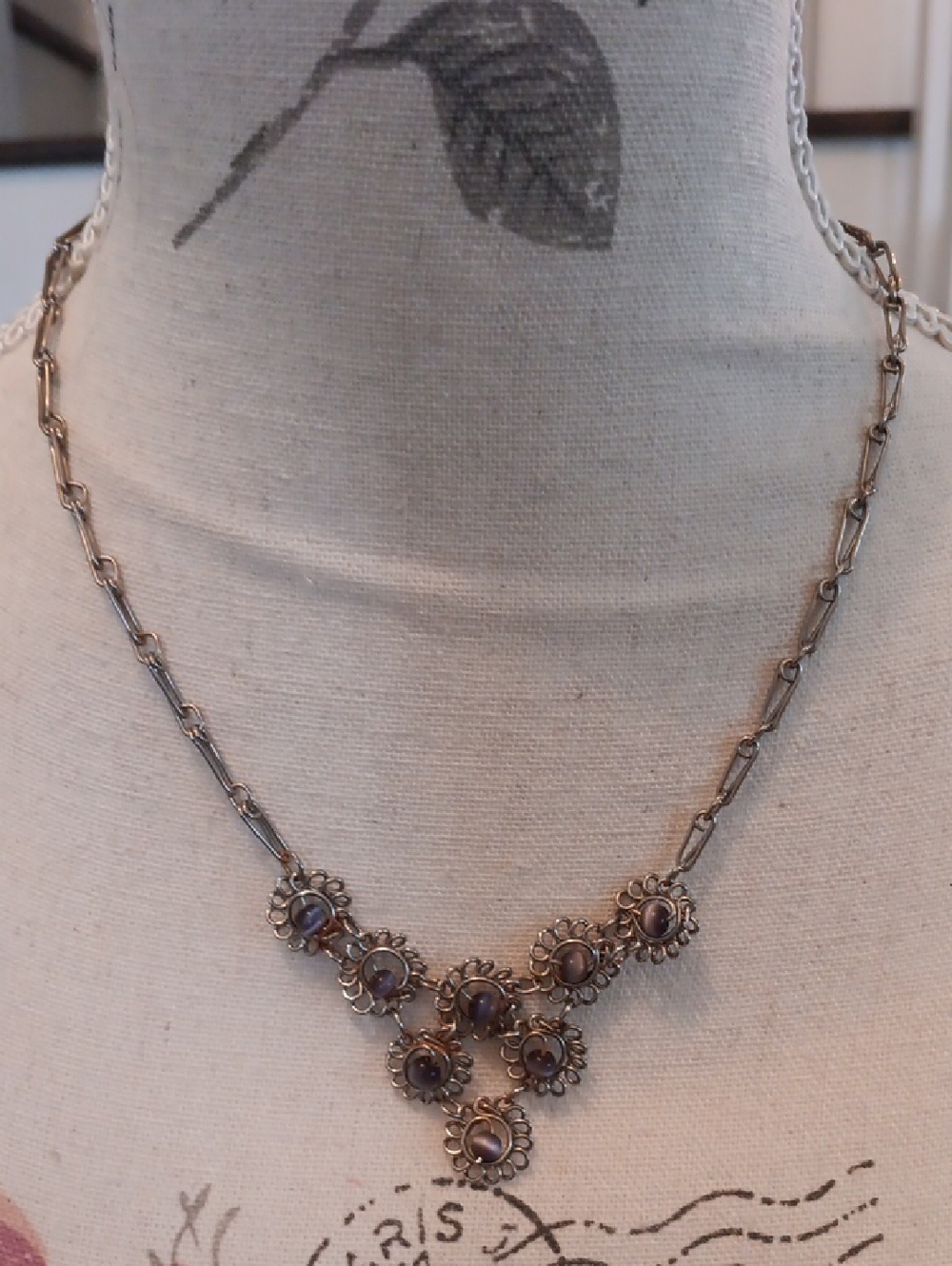 & Vintage Floral Cluster Necklace with Cats Eye beads